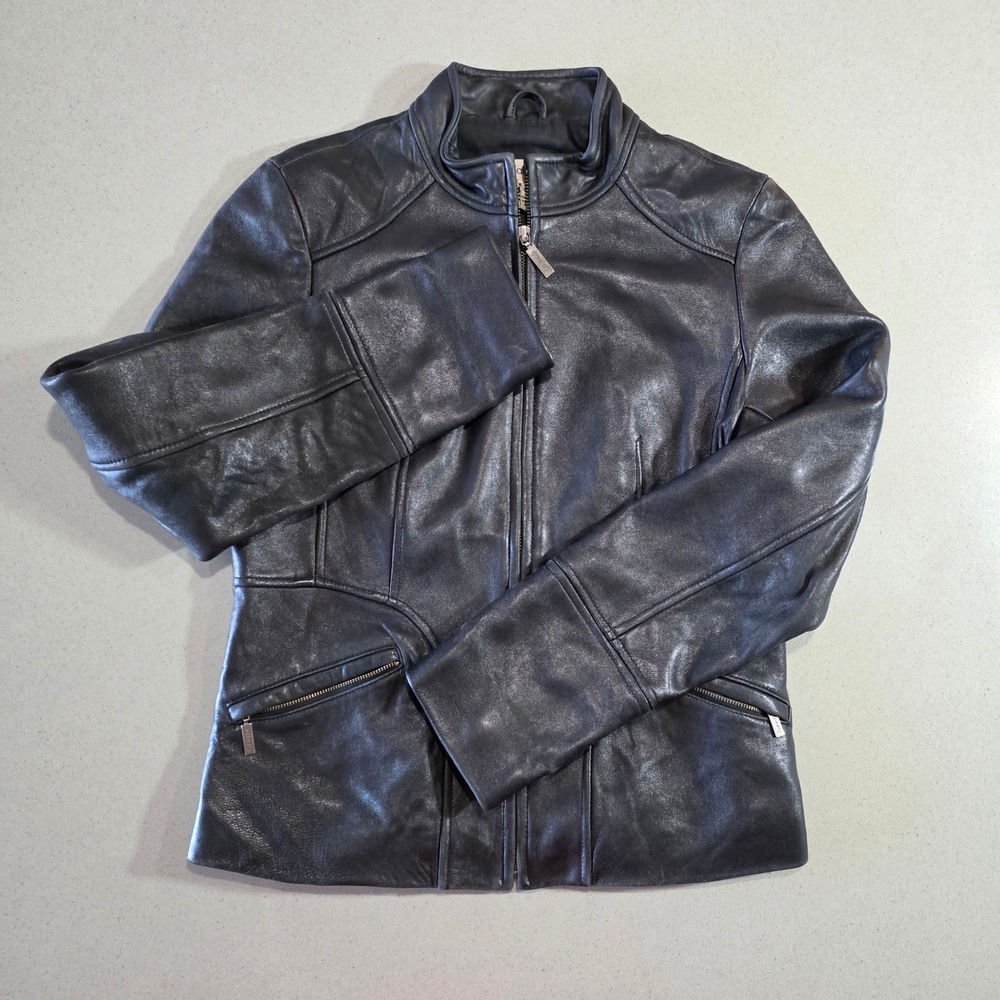 Calvin Klein Womens Black 100% Leather Full Zip Moto Style Jacket Small RN104434
